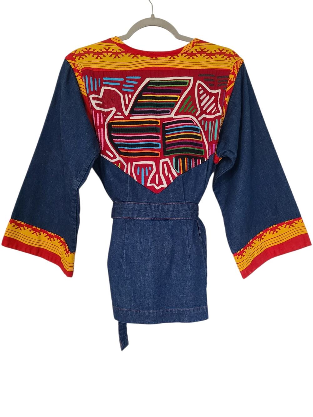 Vintage 70s Morgan’s Treasures Denim Wrap Jacket - Hand-Sewn Panamanian Mola - M